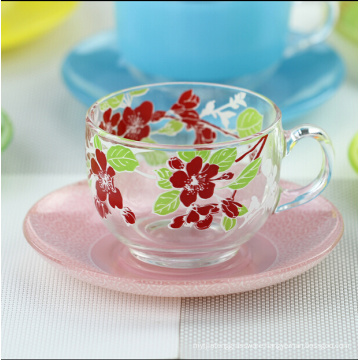 Haonai glass coffee cup and saucer set with flower decal